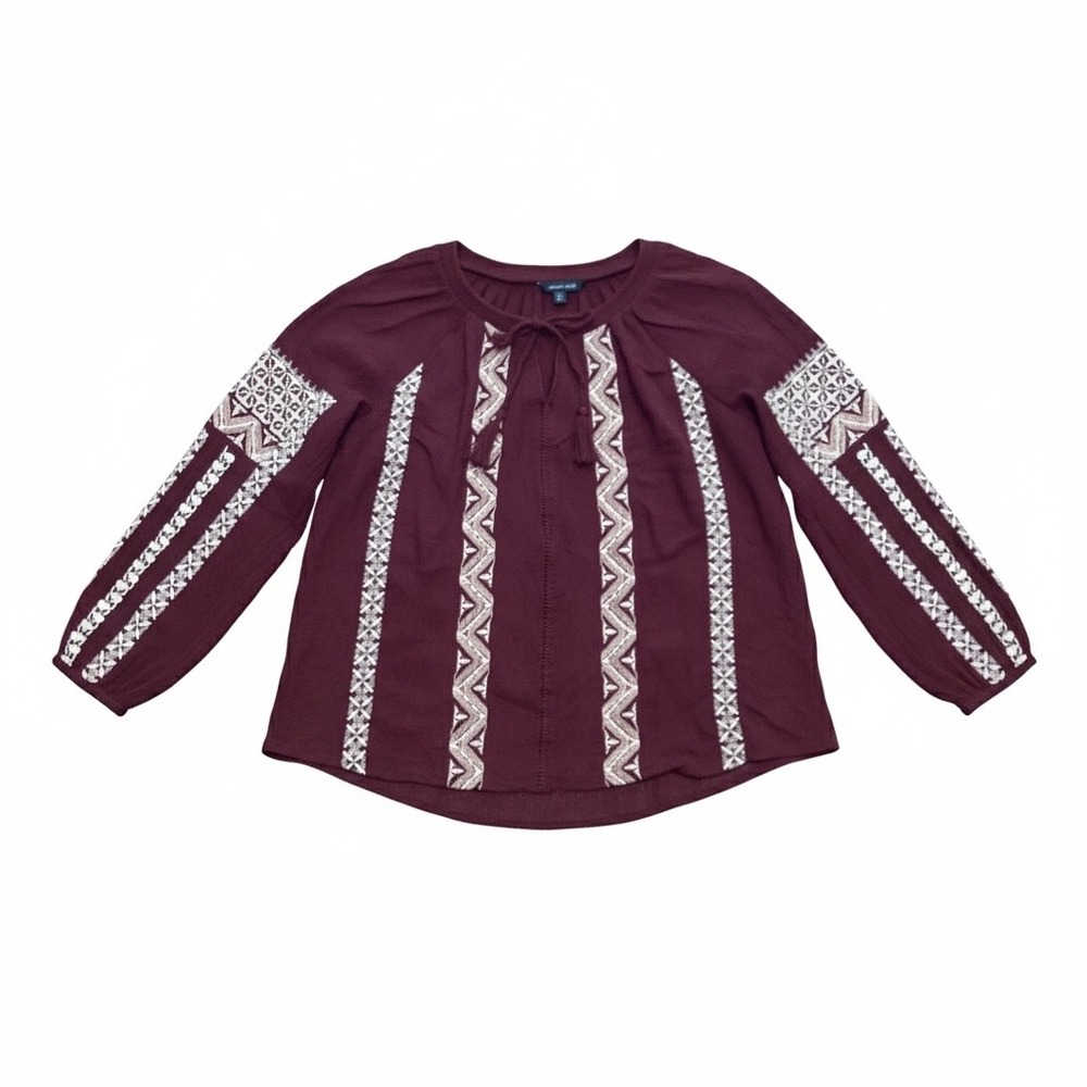 American Eagle Burgundy Embroidered Peasant Blouse Tassel Tie Long Sleeve Medium